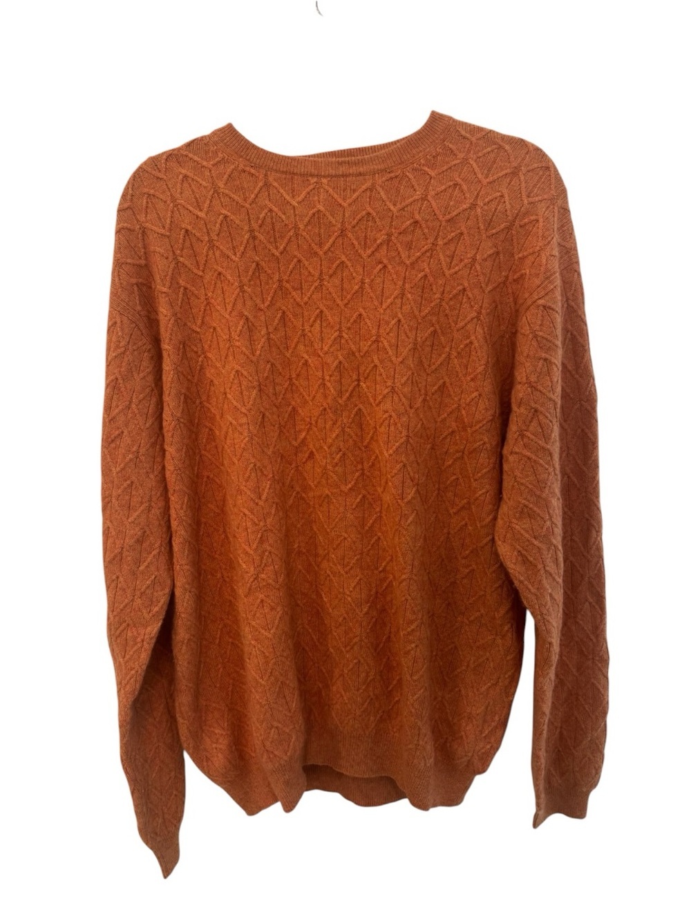 Kinross Cashmere Luxe Cable Crewneck Sweater in a burnt pumpkin orange shade L